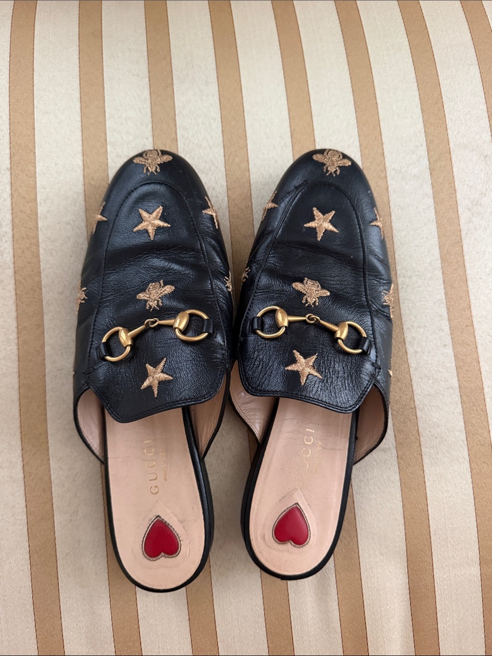 Gucci Black Leather Horsebit Mules with Gold Star & Bee Embroidery